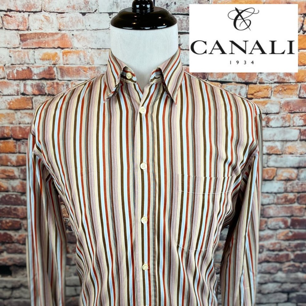 Canali Sportswear Italy Brown Orange Striped Shirt